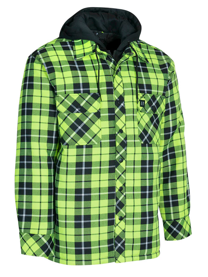 Forcefield Hi Vis Hooded Tartan Plaid Quilt-Lined Flannel Shirt Jacket 024-LC696QH-HYP