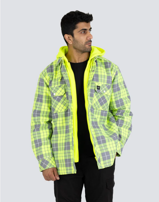 Forcefield Hi Vis Hooded Plaid Quilt-Lined Flannel Shirt Jacket 024-LC696QH-HV