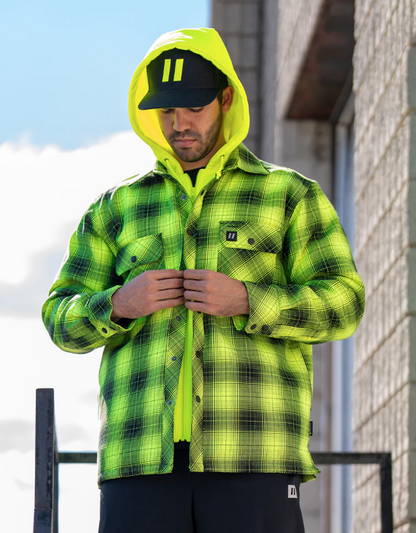 Forcefield Hi Vis Black Shadow Plaid Hooded Quilt-Lined Flannel Shirt Jacket 024-LC696QH-SPBK