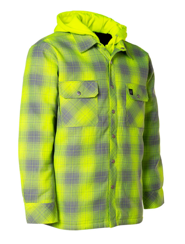 Forcefield Hi Vis Grey Shadow Plaid Hooded Quilt-Lined Flannel Shirt Jacket 024-LC696QH-SPGY