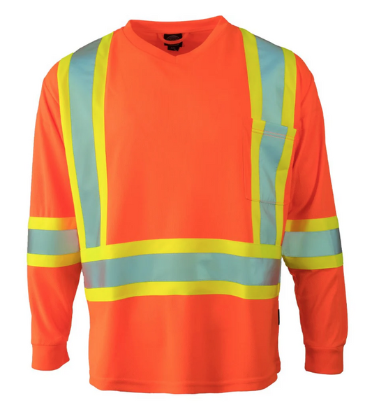 Forcefield Hi Vis V-Neck Long Sleeve Safety Tee with Chest Pocket 022-BEPCSA