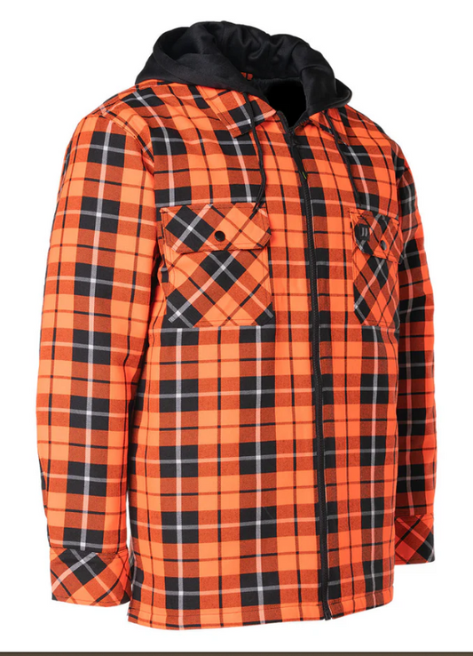 Forcefield Hi Vis Orange Tartan Plaid Hooded Quilt-Lined Flannel Shirt Jacket with Front Zip 024-LC696QH-HOP