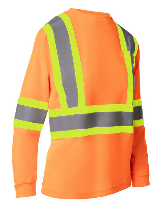 Forcefield Women's Hi Vis Crew Neck Long Sleeve Safety Tee Shirt with Chest Pocket 022-WCBECSALS
