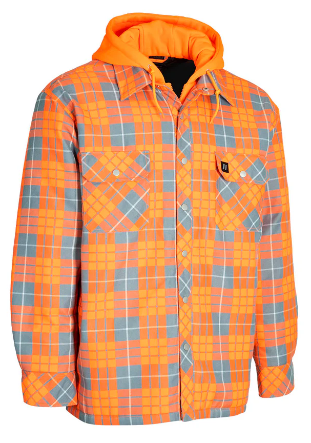 Forcefield Hi Vis Orange Hooded Plaid Quilt-Lined Flannel Shirt Jacket 024-LC696QH-HVO