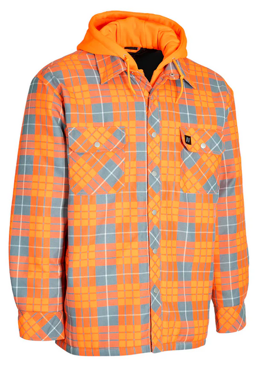 Forcefield Hi Vis Orange Hooded Plaid Quilt-Lined Flannel Shirt Jacket 024-LC696QH-HVO