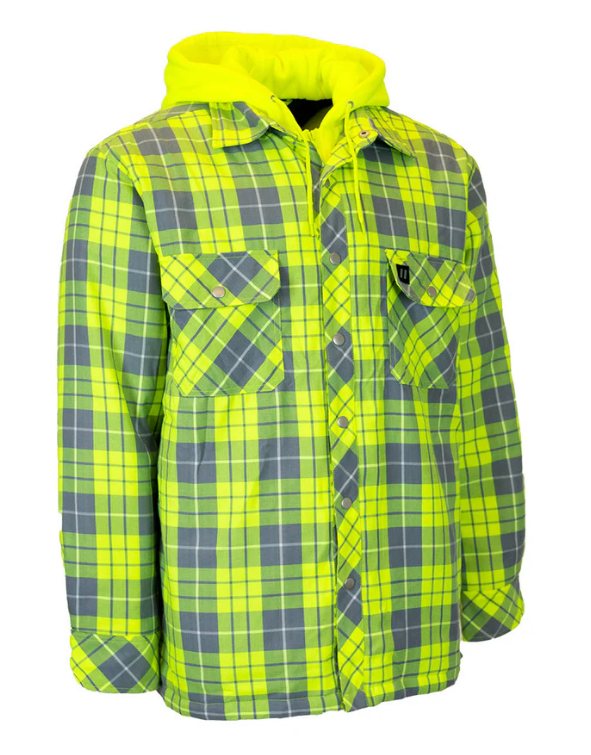 Forcefield Hi Vis Plaid Hooded Quilted Flannel Shirt Jacket with Reflective Striping 024-LC696QH-HVRS