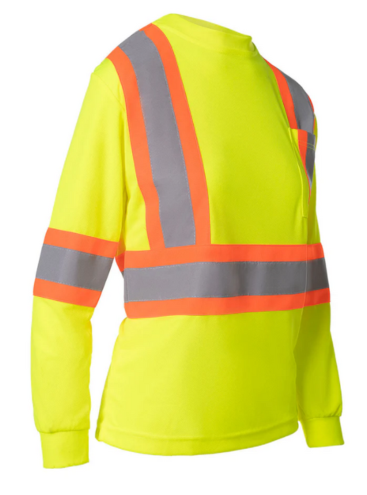 Forcefield Women's Hi Vis Crew Neck Long Sleeve Safety Tee Shirt with Chest Pocket 022-WCBECSALYLS