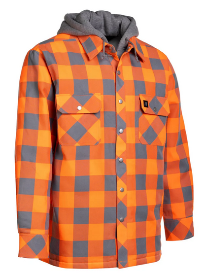 Forcefield Hi Vis Orange/Silver Buffalo Plaid Hooded Quilt-Lined Flannel Shirt Jacket 024-LC696QH-BPORSL