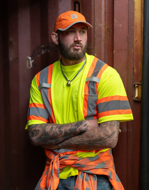 Forcefield Hi Vis Crew Neck Short Sleeve Safety Tee Shirt with Chest Pocket and Arm Bands 022-CBECSP