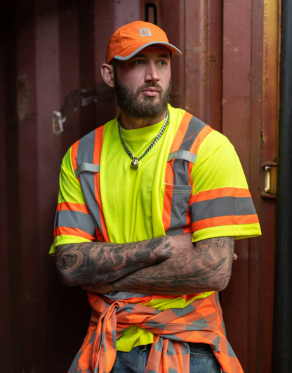 Forcefield Hi Vis Crew Neck Short Sleeve Safety Tee Shirt with Chest Pocket and Arm Bands 022-CBECSP