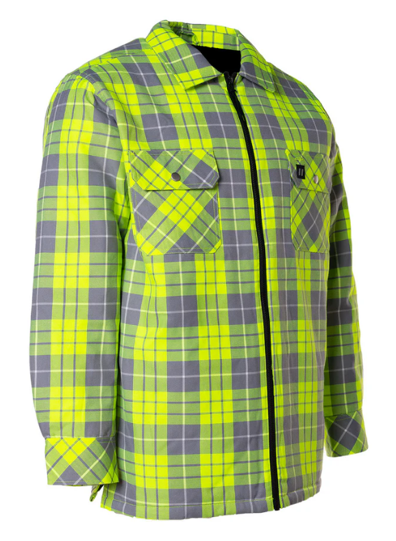 Forcefield Hi Vis Lime Plaid Quilted Flannel Shirt Jacket with Front Zip 024-LC53QFZHT-HV