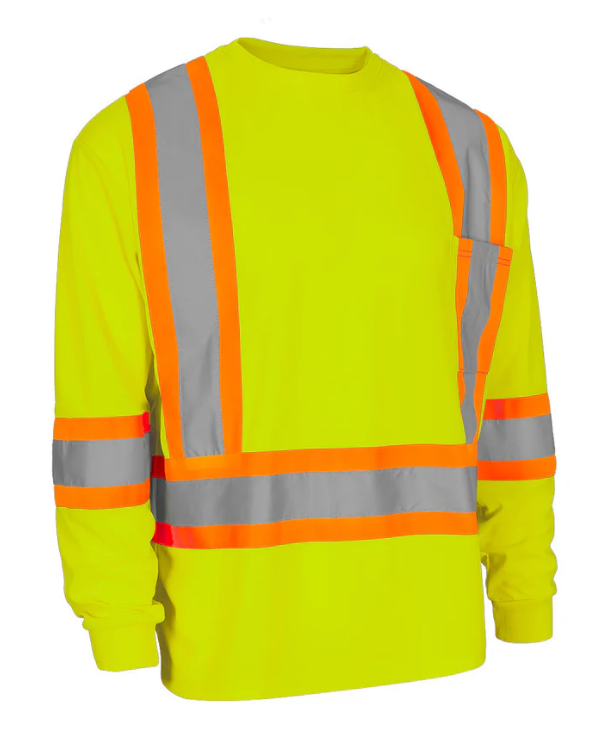 Forcefield Hi Vis Bamboo Fabric Crew Neck Long Sleeve Safety Tee with Chest Pocket 022-BBCSA