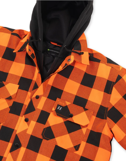 Forcefield Hi Vis Orange/Black Buffalo Plaid Hooded Quilt-Lined Flannel Shirt Jacket 024-LC696QH-BPORBK