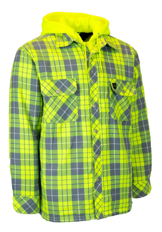Forcefield Hi Vis Hooded Plaid Quilt-Lined Flannel Shirt Jacket 024-LC696QH-HV