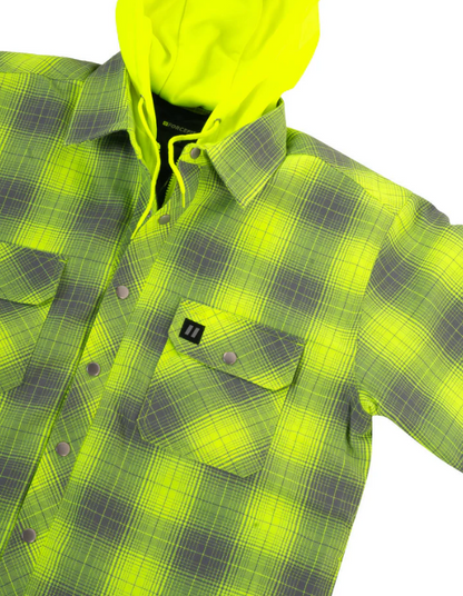 Forcefield Hi Vis Grey Shadow Plaid Hooded Quilt-Lined Flannel Shirt Jacket 024-LC696QH-SPGY