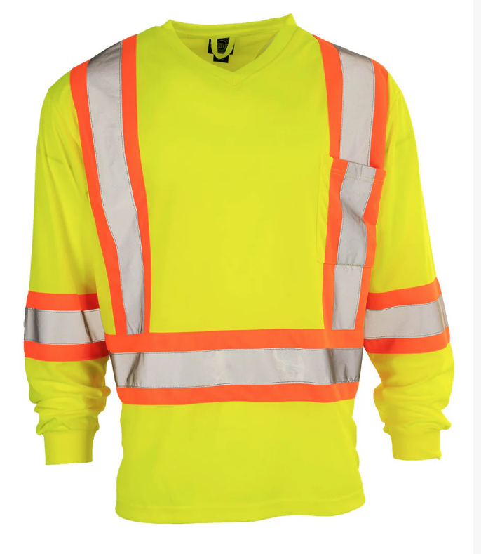 Forcefield Hi Vis V-Neck Long Sleeve Safety Tee with Chest Pocket 022-BEPCSA