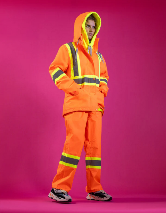 Forcefield Women's Hi Vis Safety Rain Jacket with Snap-Off Hood 023-WHVRJ