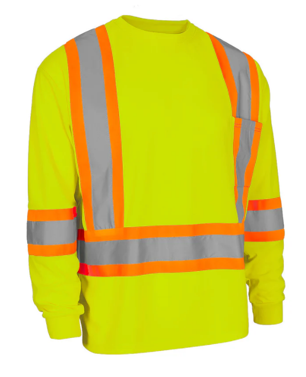 Forcefield Hi Vis Crew Neck Long Sleeve Safety Tee with Chest Pocket 022-CBECSALY