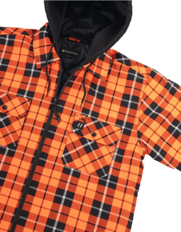 Forcefield Hi Vis Orange Tartan Plaid Hooded Quilt-Lined Flannel Shirt Jacket with Front Zip 024-LC696QH-HOP