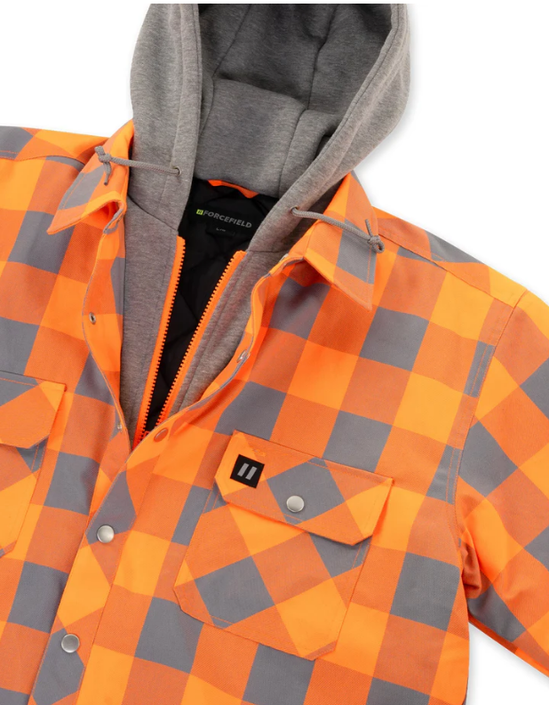 Forcefield Hi Vis Orange/Silver Buffalo Plaid Hooded Quilt-Lined Flannel Shirt Jacket 024-LC696QH-BPORSL
