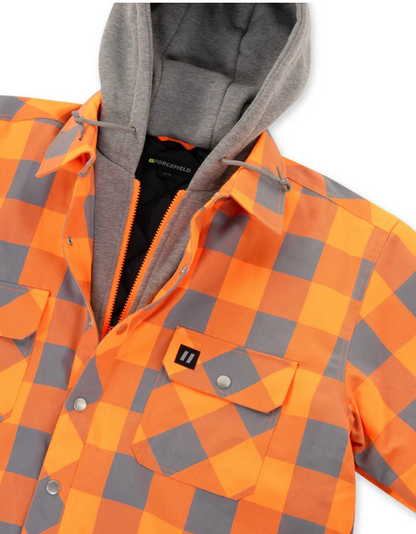 Forcefield Hi Vis Orange/Silver Buffalo Plaid Hooded Quilt-Lined Flannel Shirt Jacket 024-LC696QH-BPORSL