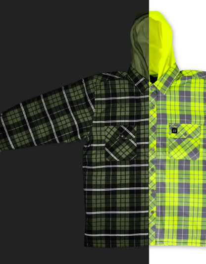 Forcefield Hi Vis Plaid Hooded Quilted Flannel Shirt Jacket with Reflective Striping 024-LC696QH-HVRS