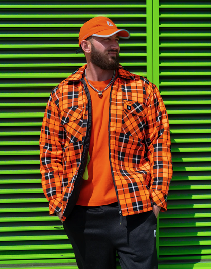 Forcefield Hi Vis Orange Tartan Plaid Quilted Flannel Shirt Jacket with Front Zip 024-LC53QF-HOP