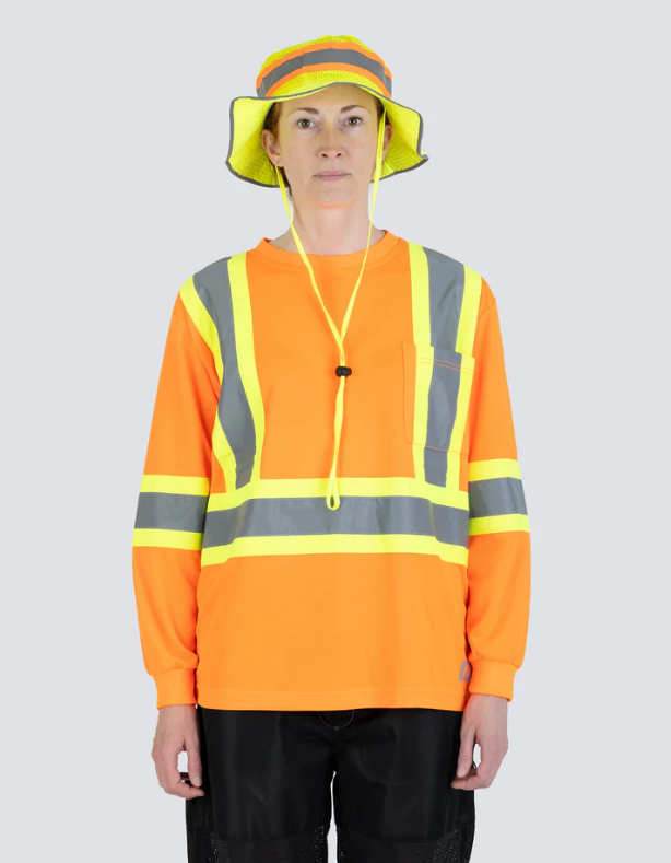 Forcefield Women's Hi Vis Crew Neck Long Sleeve Safety Tee Shirt with Chest Pocket 022-WCBECSALS