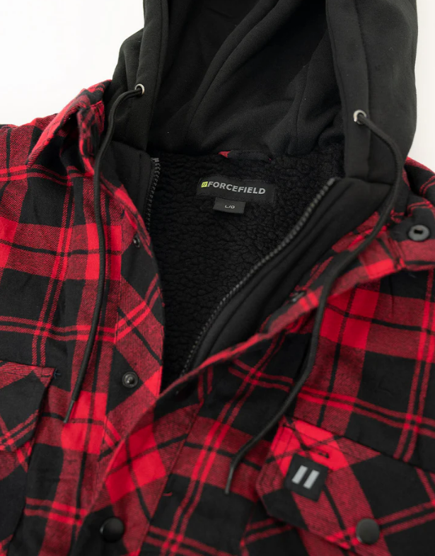 Forcefield Red Hooded Plaid Sherpa-lined Flannel Shirt Jacket 024-LC696QHSH-R