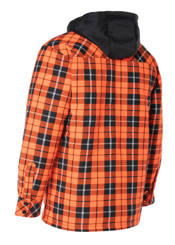 Forcefield Hi Vis Orange Tartan Plaid Hooded Quilt-Lined Flannel Shirt Jacket with Front Zip 024-LC696QH-HOP