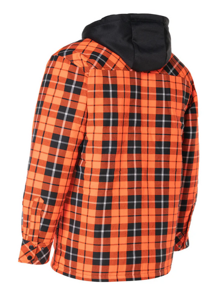 Forcefield Hi Vis Orange Tartan Plaid Hooded Quilt-Lined Flannel Shirt Jacket with Front Zip 024-LC696QH-HOP