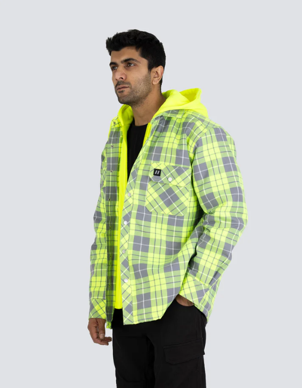 Forcefield Hi Vis Hooded Plaid Quilt-Lined Flannel Shirt Jacket 024-LC696QH-HV