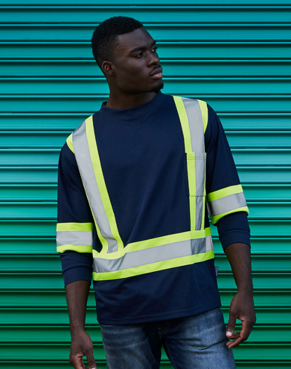 Forcefield Hi Vis Crew Neck Long Sleeve Safety Tee with Chest Pocket 022-CBECSALY