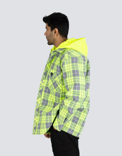 Forcefield Hi Vis Hooded Plaid Quilt-Lined Flannel Shirt Jacket 024-LC696QH-HV