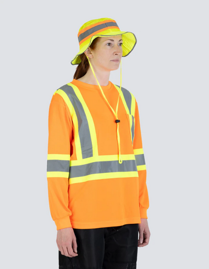 Forcefield Women's Hi Vis Crew Neck Long Sleeve Safety Tee Shirt with Chest Pocket 022-WCBECSALS