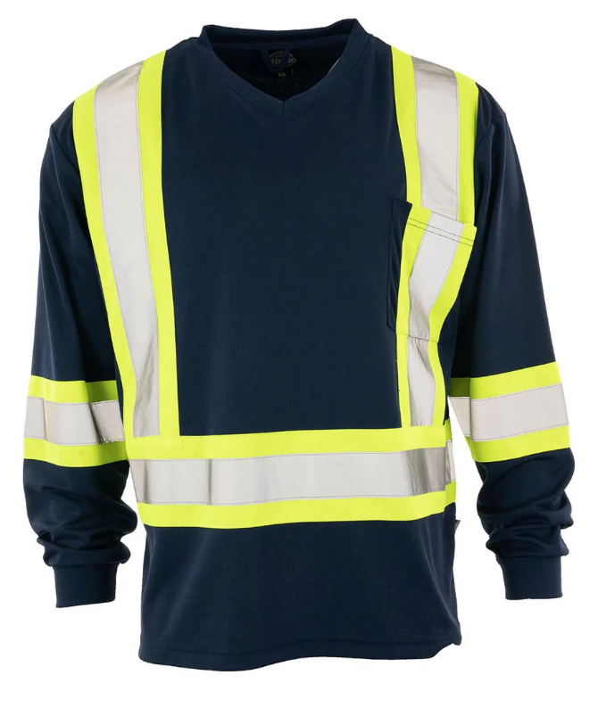 Forcefield Hi Vis V-Neck Long Sleeve Safety Tee with Chest Pocket 022-BEPCSA