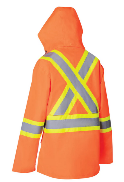 Forcefield Women's Hi Vis Safety Rain Jacket with Snap-Off Hood 023-WHVRJ