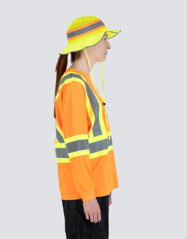 Forcefield Women's Hi Vis Crew Neck Long Sleeve Safety Tee Shirt with Chest Pocket 022-WCBECSALS
