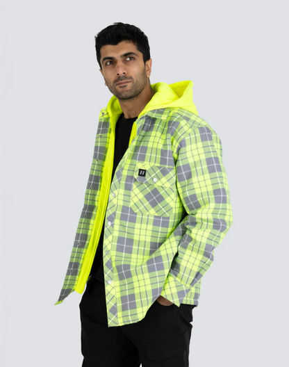 Forcefield Hi Vis Hooded Plaid Quilt-Lined Flannel Shirt Jacket 024-LC696QH-HV