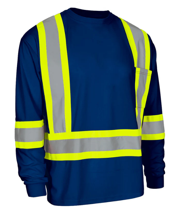 Forcefield Hi Vis Crew Neck Long Sleeve Safety Tee with Chest Pocket 022-CBECSALY