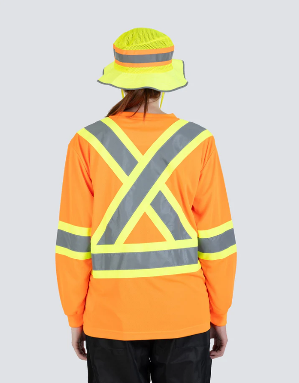 Forcefield Women's Hi Vis Crew Neck Long Sleeve Safety Tee Shirt with Chest Pocket 022-WCBECSALS