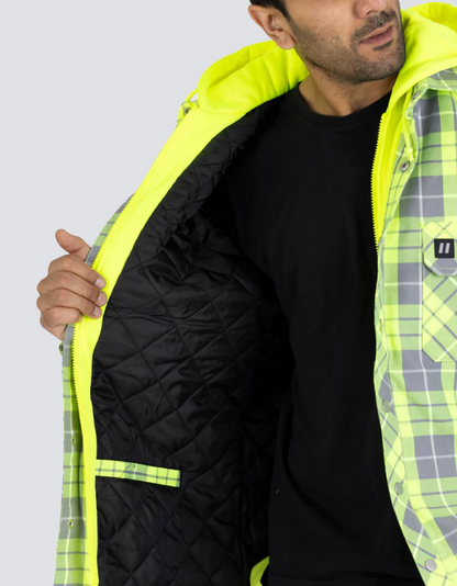 Forcefield Hi Vis Hooded Plaid Quilt-Lined Flannel Shirt Jacket 024-LC696QH-HV