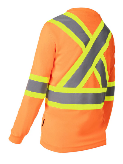 Forcefield Women's Hi Vis Crew Neck Long Sleeve Safety Tee Shirt with Chest Pocket 022-WCBECSALS