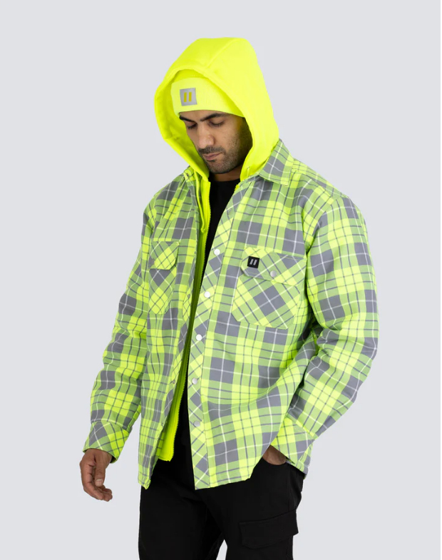 Forcefield Hi Vis Hooded Plaid Quilt-Lined Flannel Shirt Jacket 024-LC696QH-HV