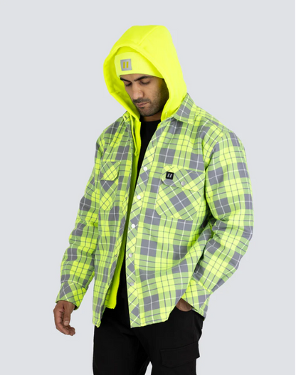 Forcefield Hi Vis Hooded Plaid Quilt-Lined Flannel Shirt Jacket 024-LC696QH-HV