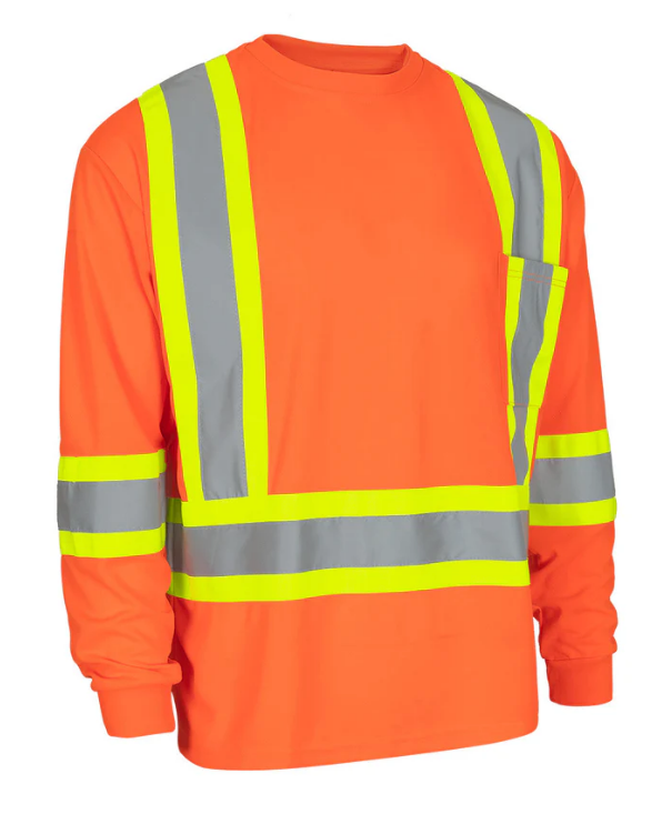 Forcefield Hi Vis Crew Neck Long Sleeve Safety Tee with Chest Pocket - 022-CBECSALS-L
