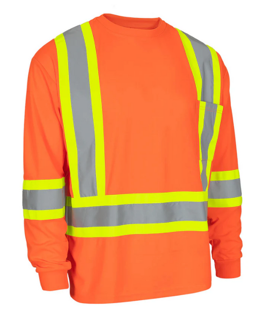 Forcefield Hi Vis Crew Neck Long Sleeve Safety Tee with Chest Pocket - 022-CBECSALS-L